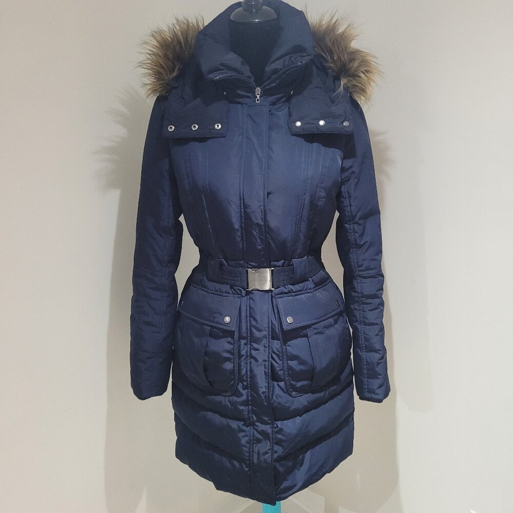 Cole Haan Navy Faux-Fur Trim Belted Puffer Coat